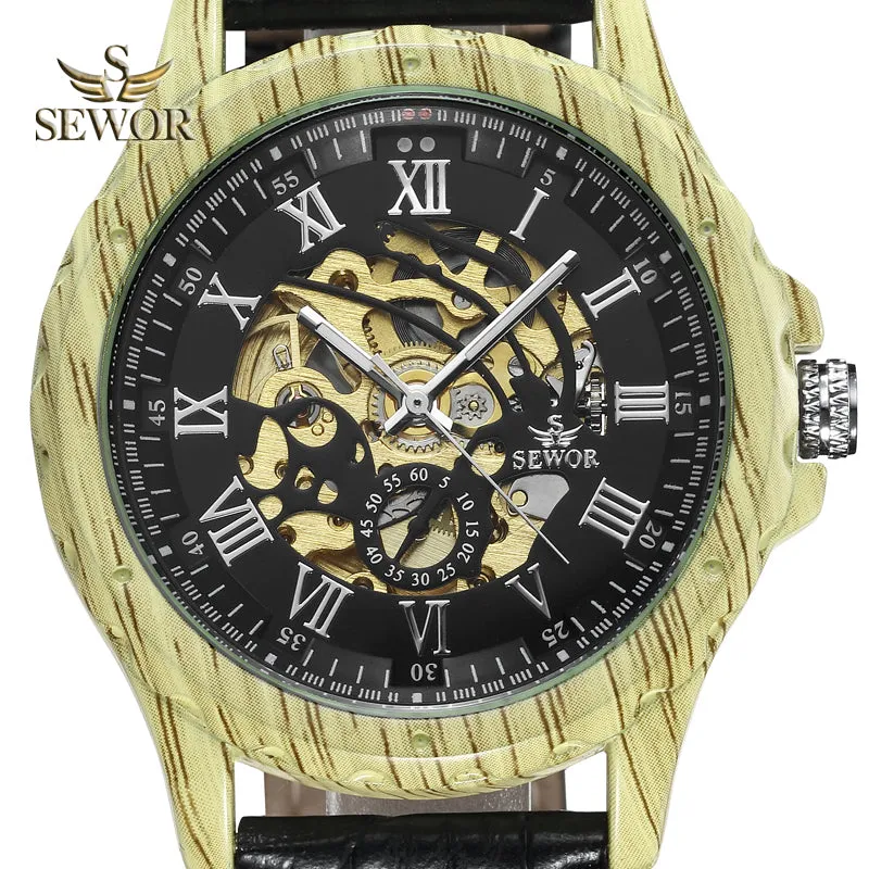 SEWOR 2018 Newest Imitation wood metal Dual digital display of men's automatic mechanical watch C340