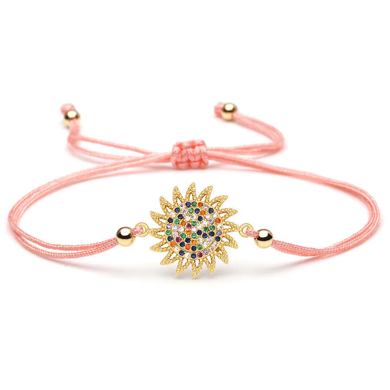 Shiny Multicolor Cubic Zirconia Copper Sun Charm Bracelet Women Girl Classic Trendy CZ Adjustable Chic Red Grey String Jewelry