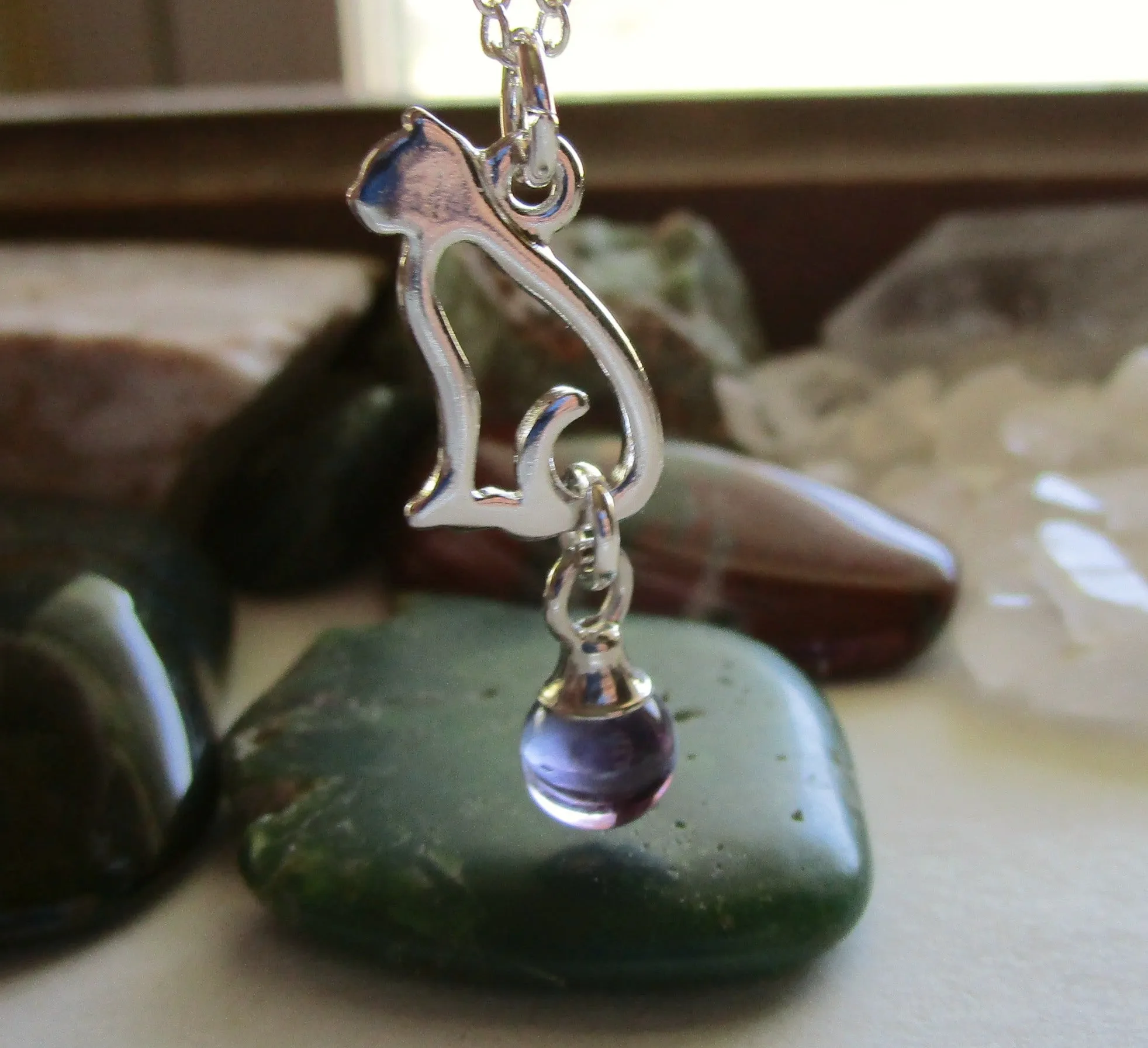 Silver Cat Purple Amethyst Crystal Ball Pendant Necklace