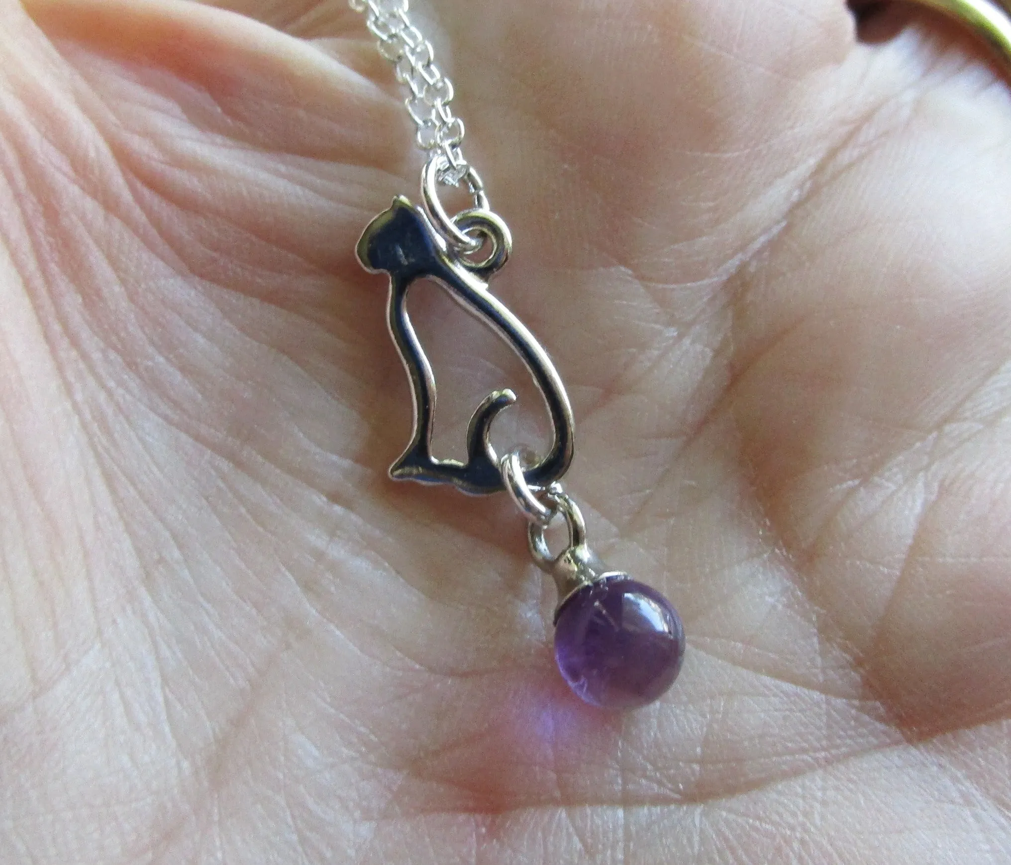 Silver Cat Purple Amethyst Crystal Ball Pendant Necklace