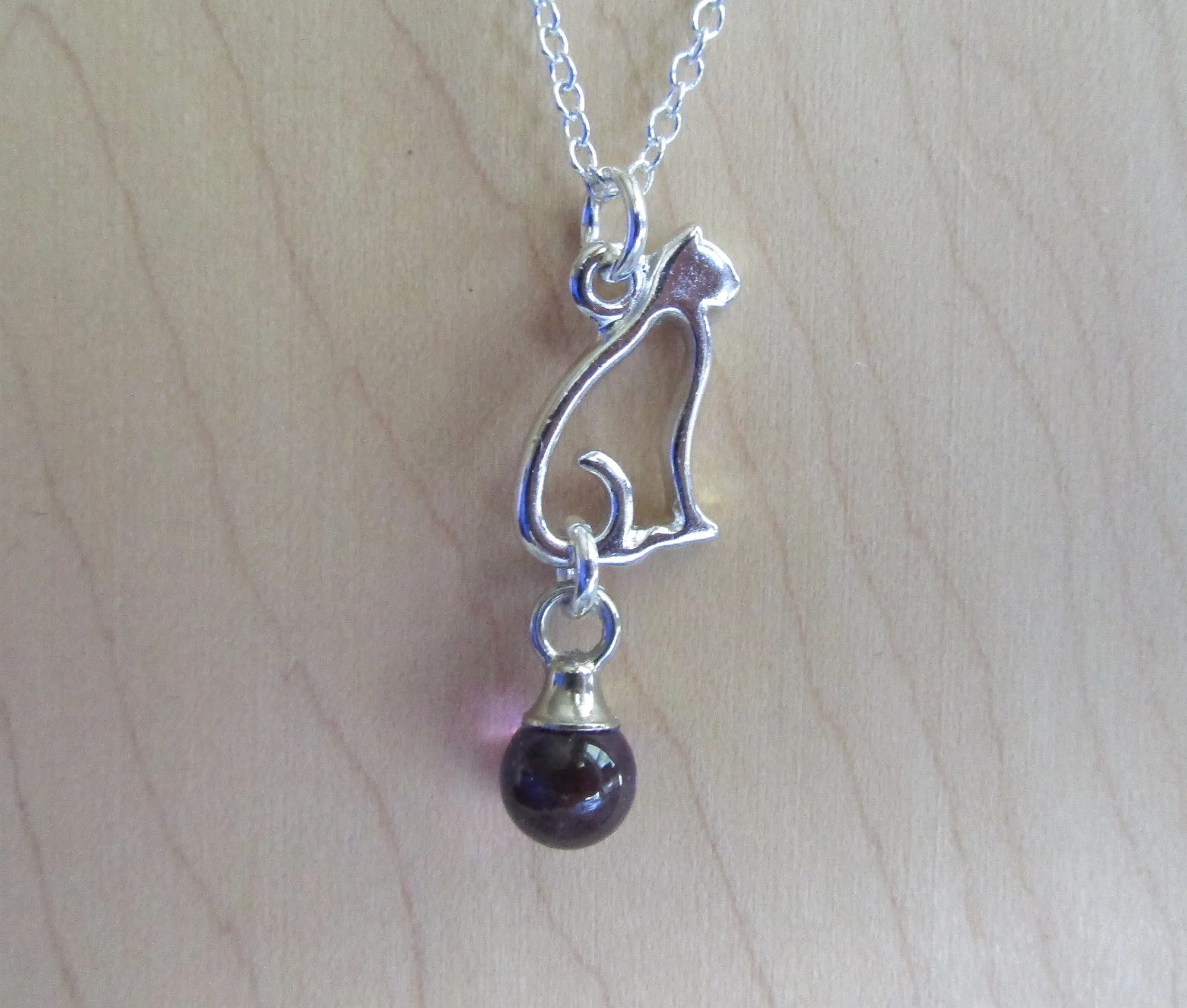 Silver Cat Purple Amethyst Crystal Ball Pendant Necklace