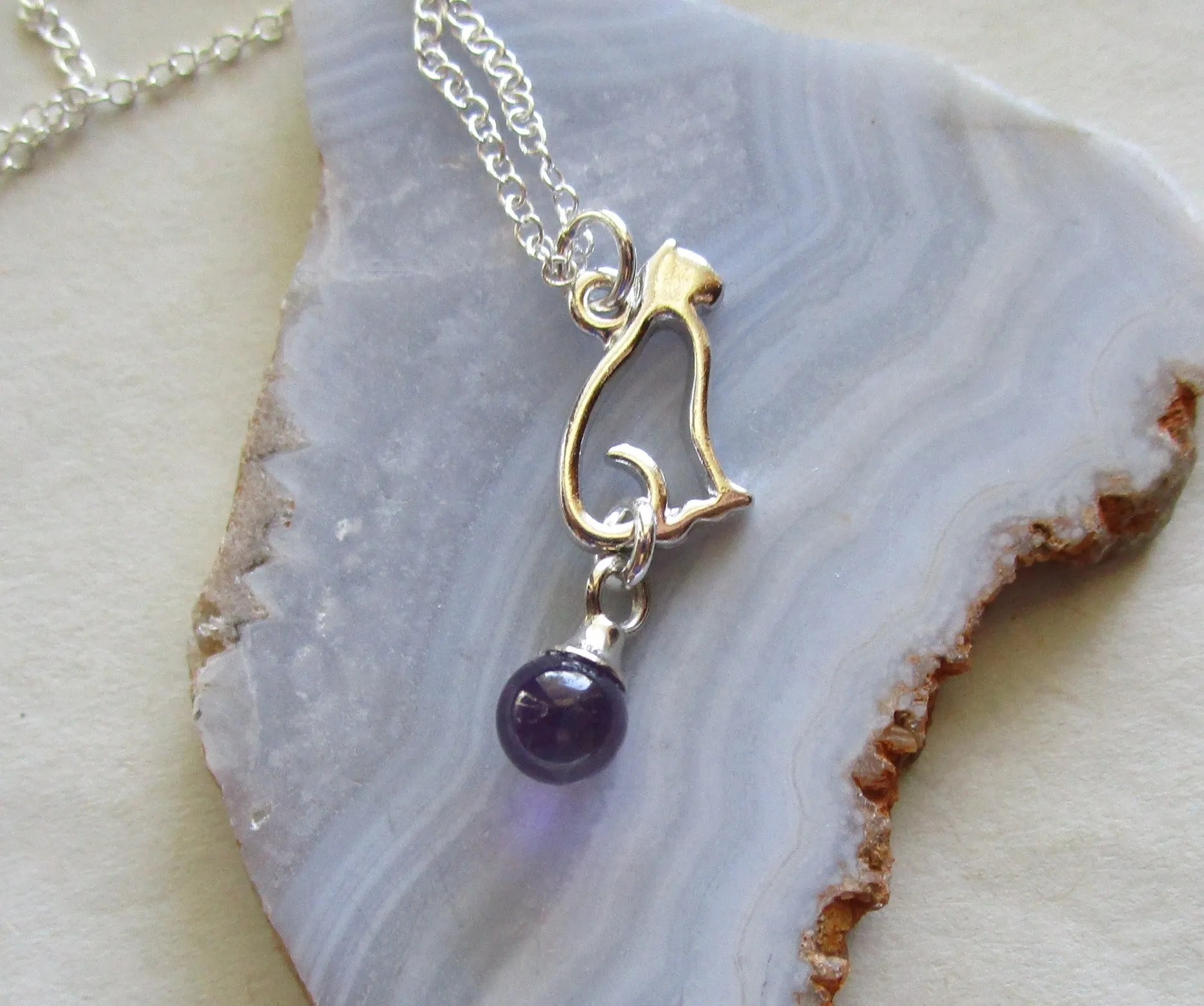 Silver Cat Purple Amethyst Crystal Ball Pendant Necklace