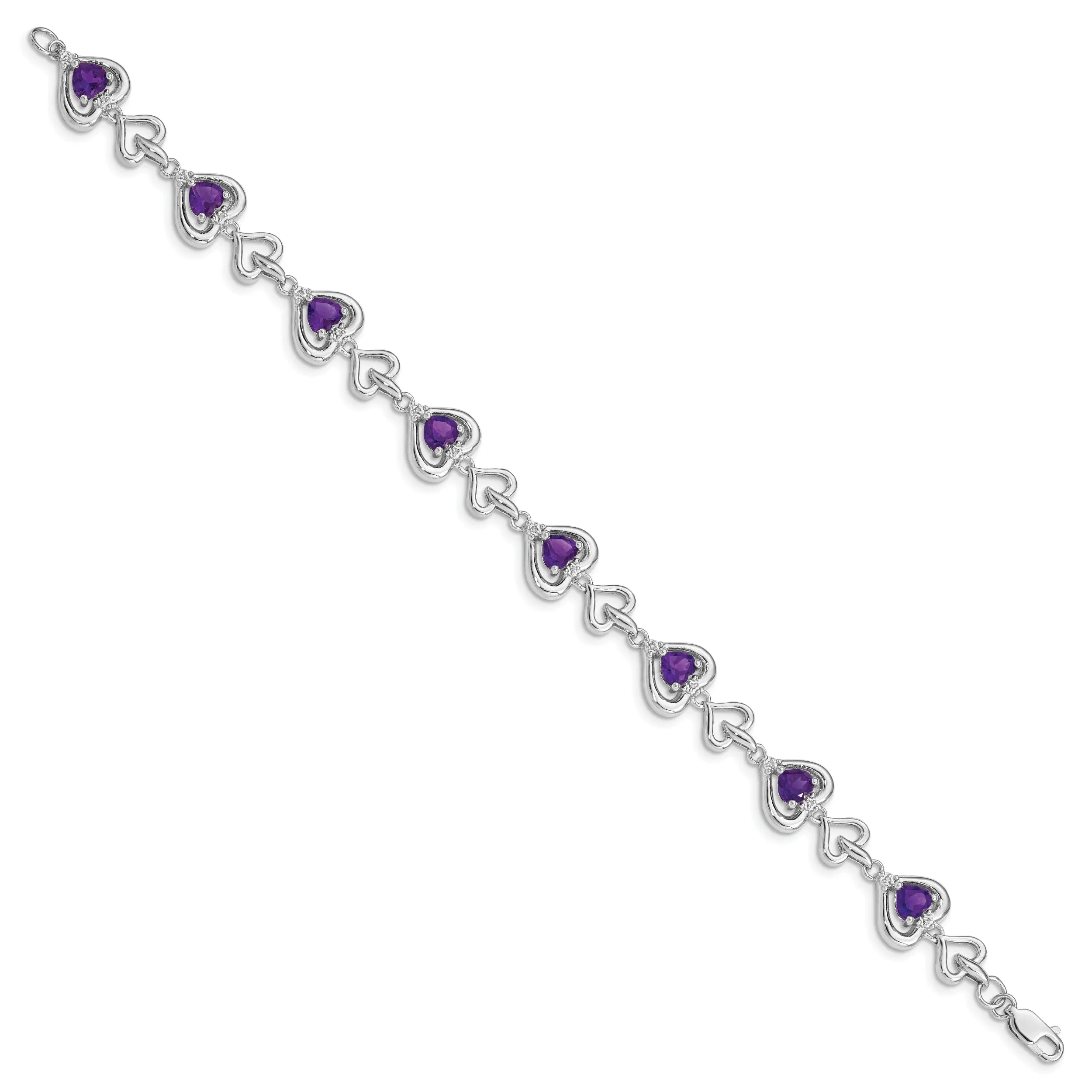 Silver Heart Genuine Amethyst Link Bracelet