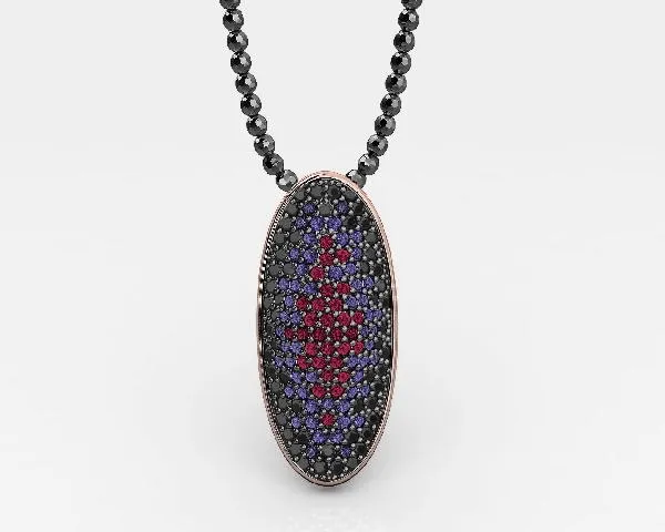 Silver Pendant Gold Black Spinels Red and Amethyst CZ   Chain