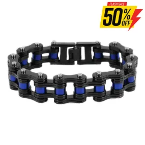 SK1827 3/4" Wide Black With Blue Rollers Unisex Stainless Steel Motorcycle Chain Bracelet