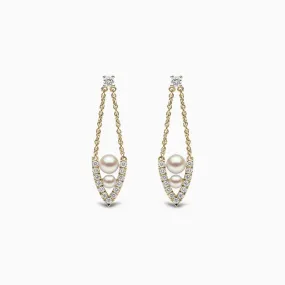 Sleek 18K Gold Pearl and Diamond Drop V Shaped Earrings