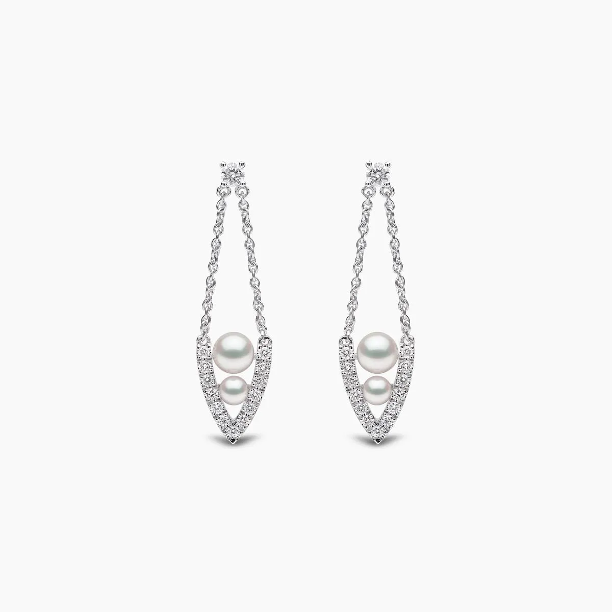 Sleek 18K Gold Pearl and Diamond Drop V Shaped Earrings