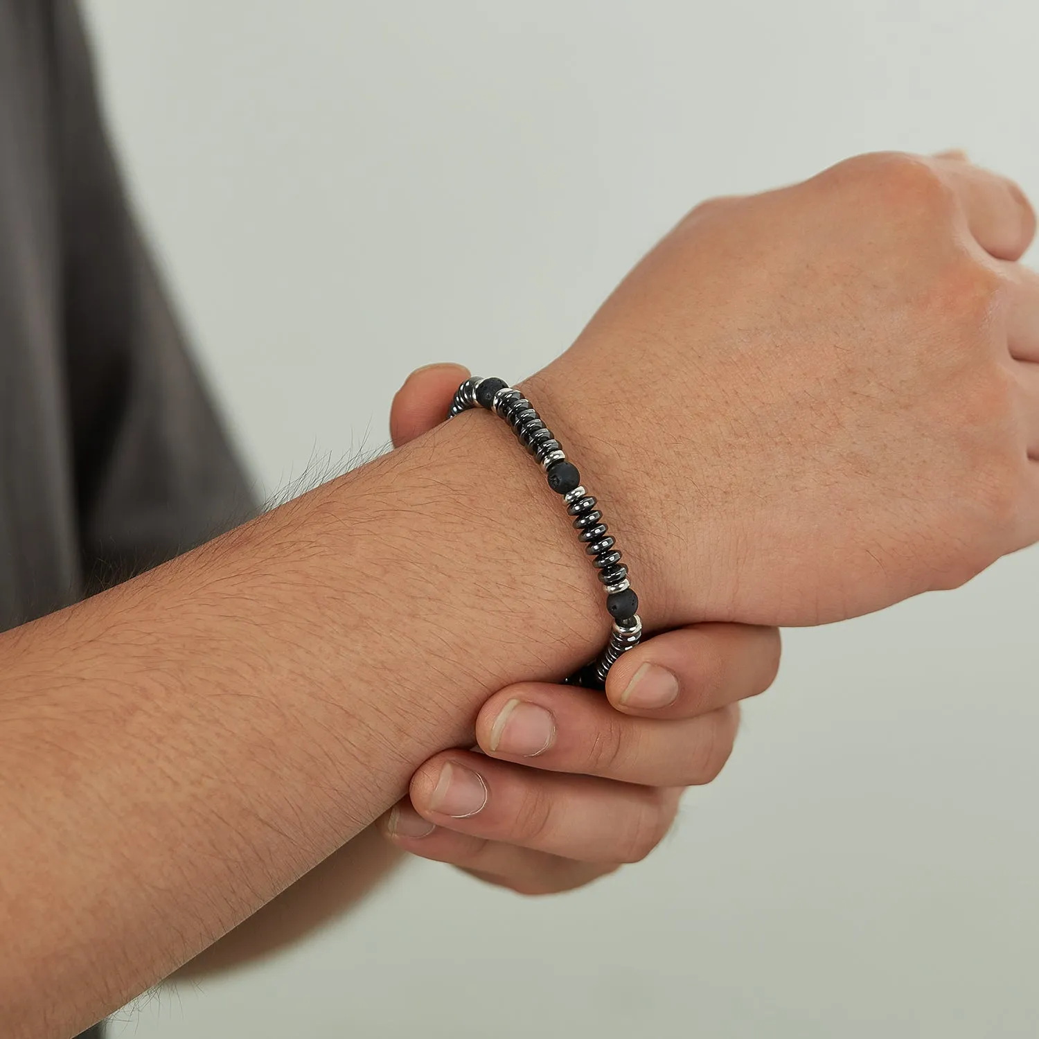 Sleek Men's Hematite and Lava Stone Bracelet with Stainless Steel Accents - Modern and Masculine Jewelry