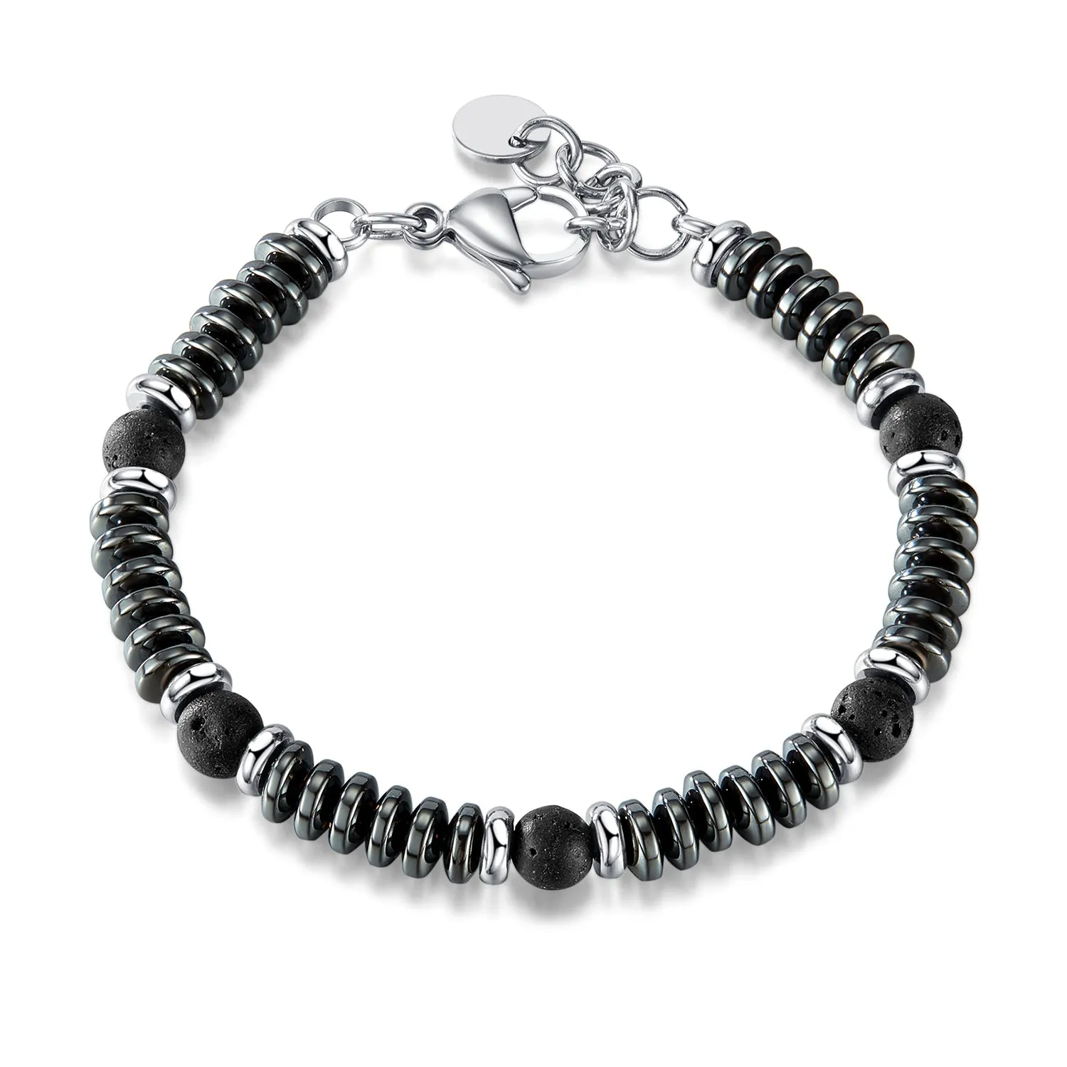 Sleek Men's Hematite and Lava Stone Bracelet with Stainless Steel Accents - Modern and Masculine Jewelry