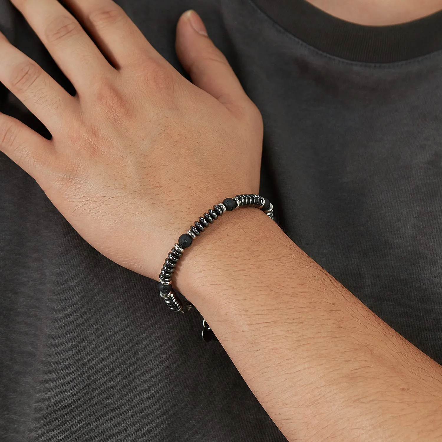 Sleek Men's Hematite and Lava Stone Bracelet with Stainless Steel Accents - Modern and Masculine Jewelry