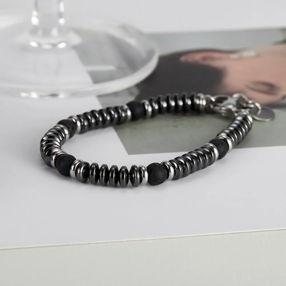 Sleek Men's Hematite and Lava Stone Bracelet with Stainless Steel Accents - Modern and Masculine Jewelry