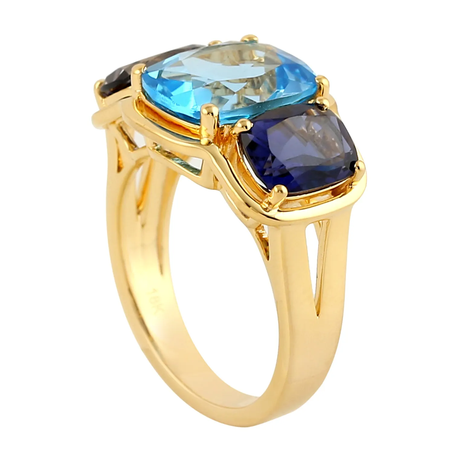 Solid 18k Yellow Gold Natural Topaz & Lolite Three Stone Cocktail Ring Gemstone Jewelry