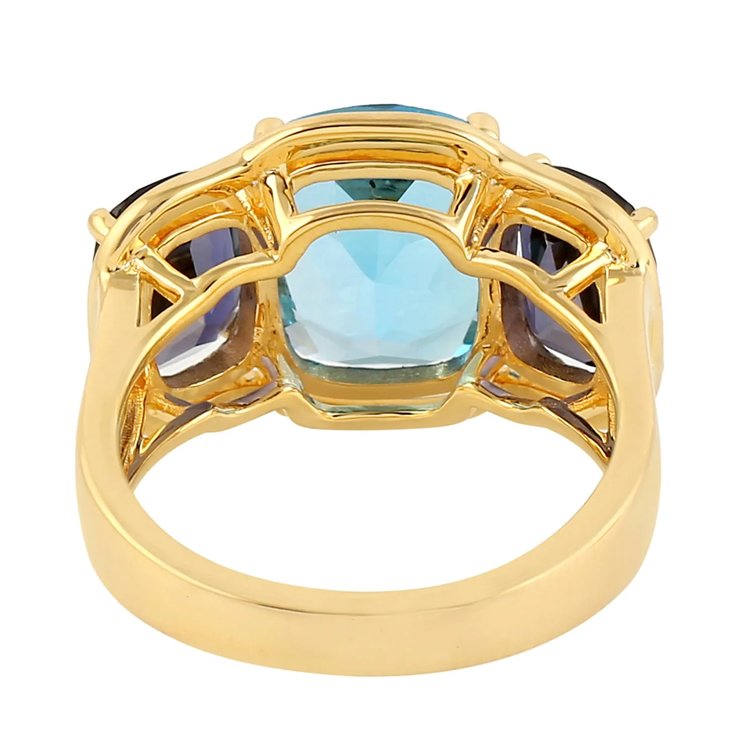 Solid 18k Yellow Gold Natural Topaz & Lolite Three Stone Cocktail Ring Gemstone Jewelry