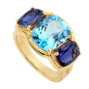 Solid 18k Yellow Gold Natural Topaz & Lolite Three Stone Cocktail Ring Gemstone Jewelry