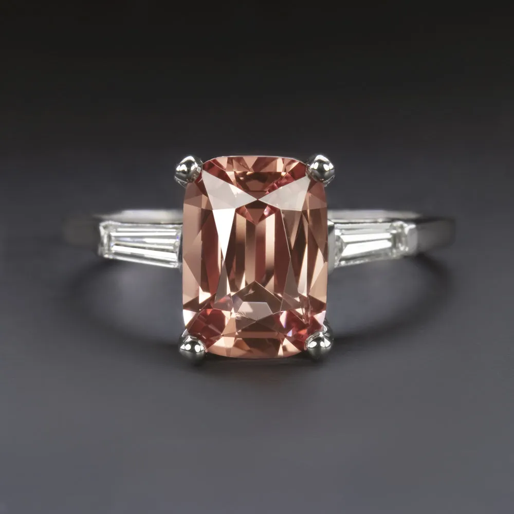 SPINEL DIAMOND PLATINUM RING VINTAGE COCKTAIL PEACH PINK CUSHION SHAPE 3 STONE