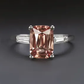 SPINEL DIAMOND PLATINUM RING VINTAGE COCKTAIL PEACH PINK CUSHION SHAPE 3 STONE