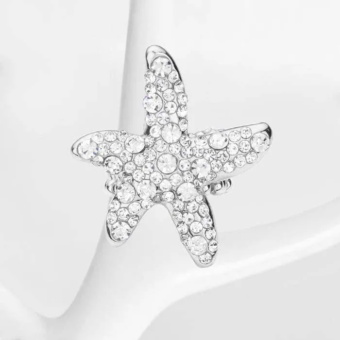 Starfish Bubble Clear Stone Embellished Silver Stretch Ring