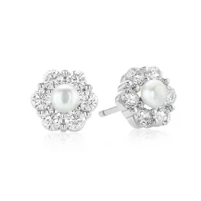 Sterling Silver Fresh Water Pearl & Cubic Zirconia  Stud Earrings