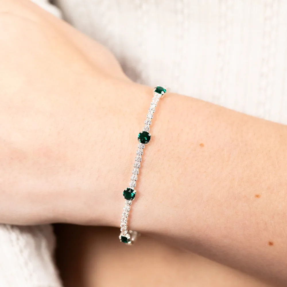 Sterling Silver Green Crystal And White Zirconia 15.5 4cm Bracelet