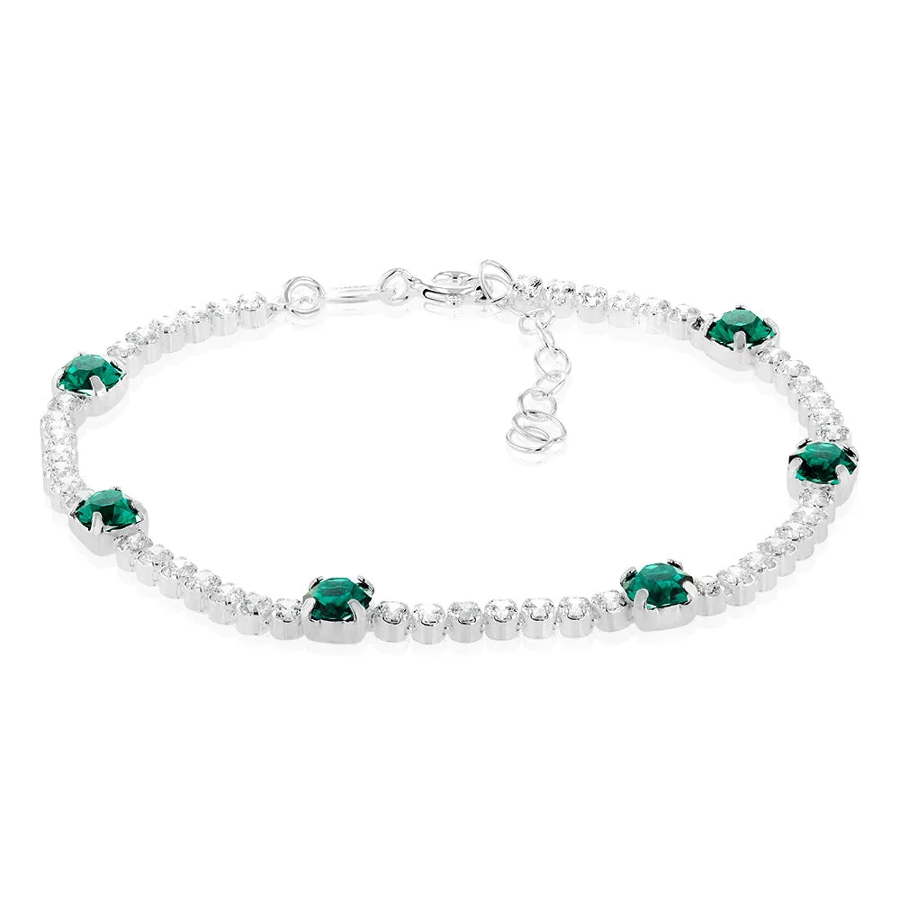 Sterling Silver Green Crystal And White Zirconia 15.5 4cm Bracelet