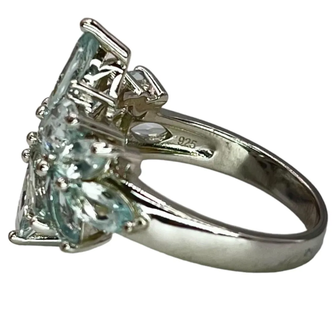 Sterling Silver Lab Aquamarine Flower Burst Sz 8 Ring Cluster Statement Cocktail