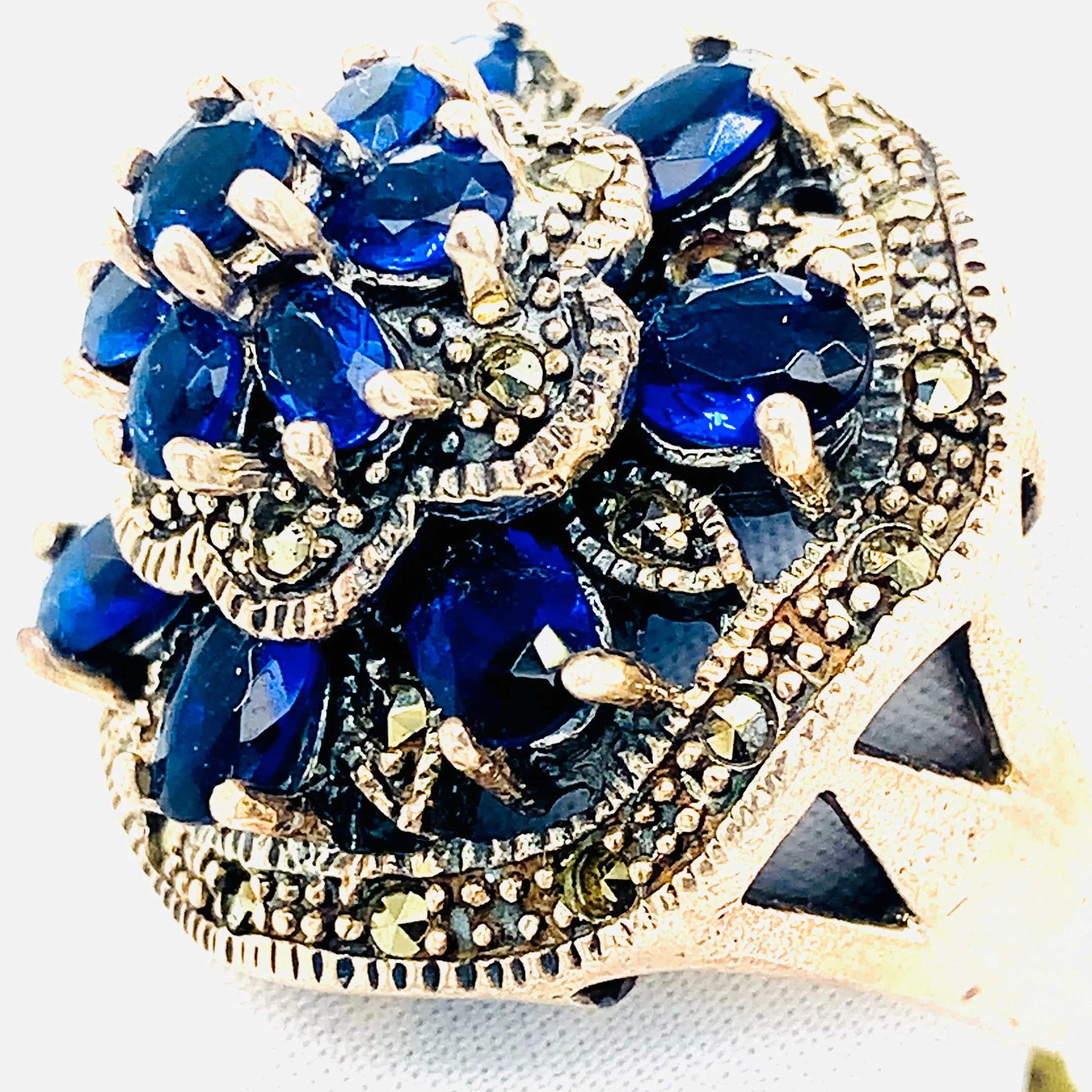 Sterling Silver Marcasite and Blue CZ Cocktail Ring