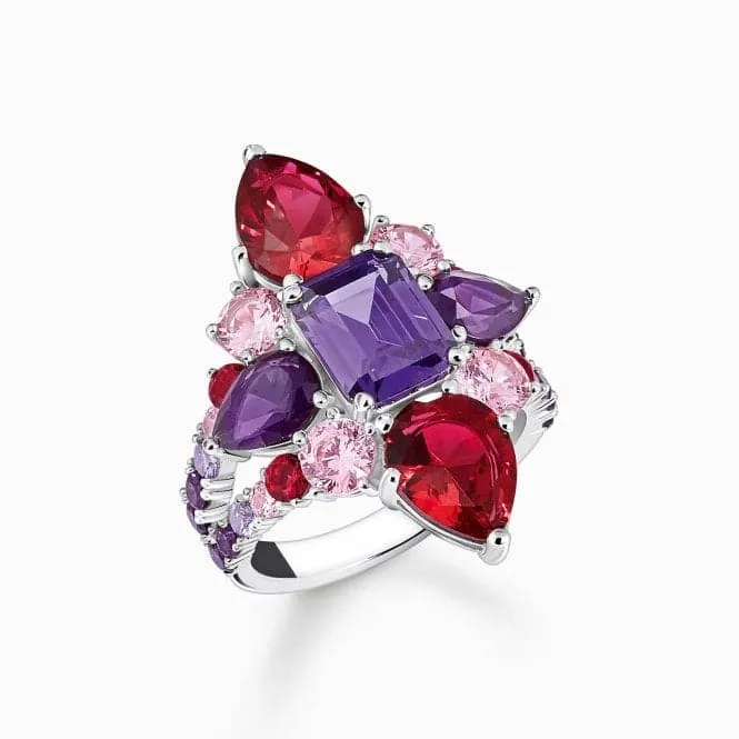 Sterling Silver Red Violet And Pink Stones Cocktail Ring TR2441-477-7