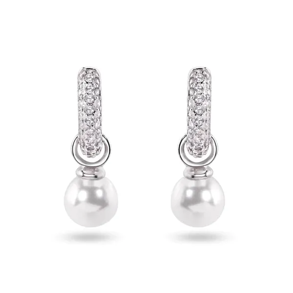 Sterling Silver Rhodium Plated Dangling Pearl Clear CZ