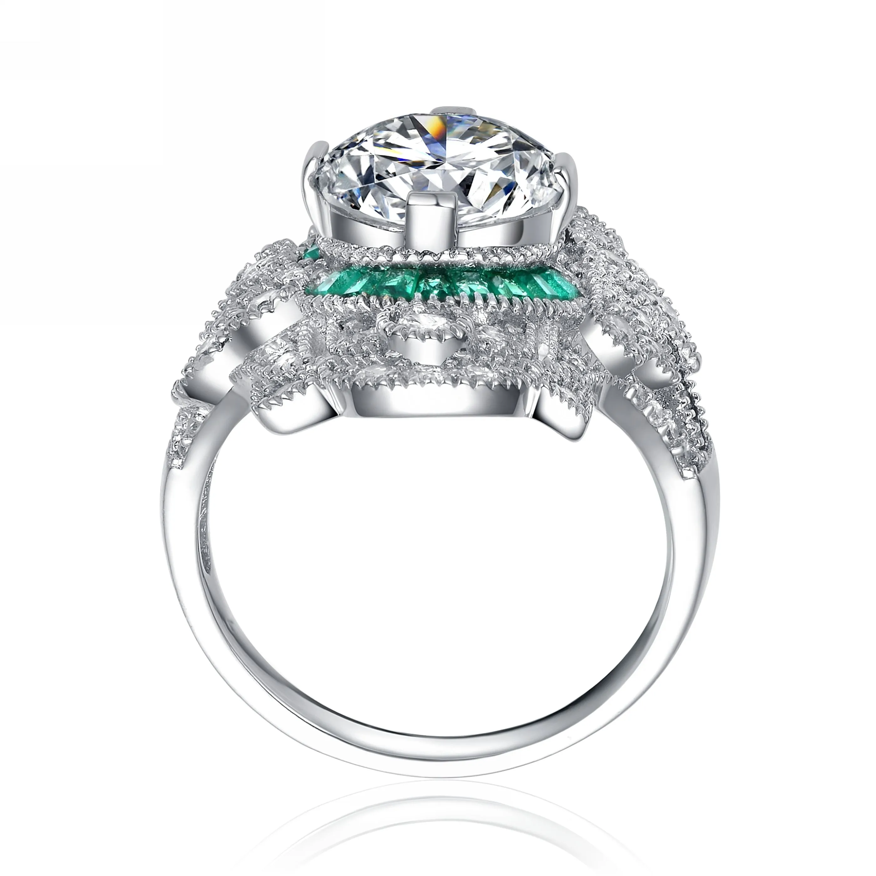 Sterling Silver Rhodium-Plated Emerald Baguette Cubic Zirconia Cocktail Ring