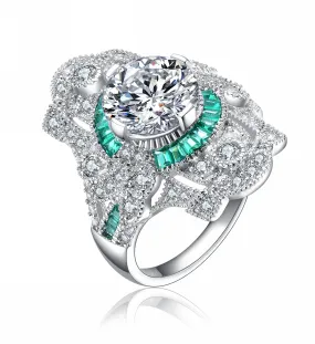 Sterling Silver Rhodium-Plated Emerald Baguette Cubic Zirconia Cocktail Ring