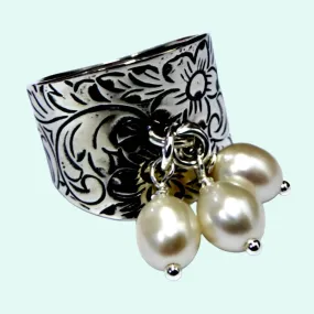 Sterling silver ring, Hippie ring , Pearls dangling ring for woman,  silver ring  for women , chic stylish israeli jewelry