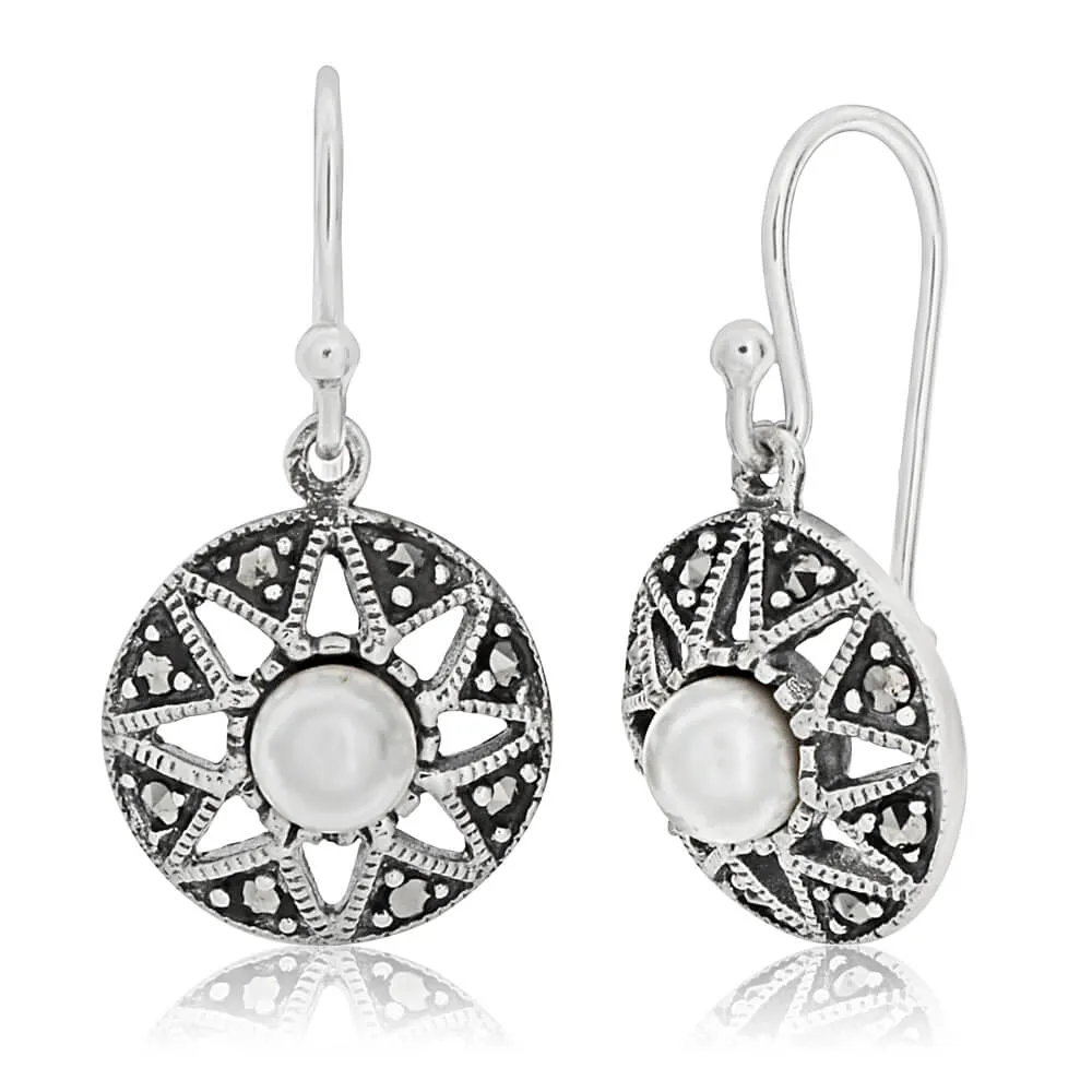 Sterling Silver Round Marcasite   Pearl Earrings