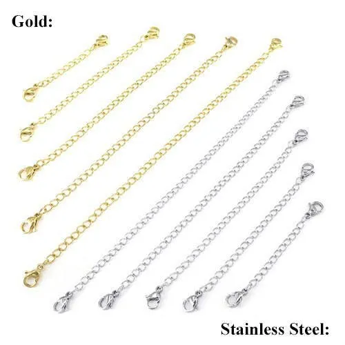 Surgical Stainless Steel Silver Tone Necklace Bracelet Extender Curb Chain Sets 2" 3" 4" 5" 6"