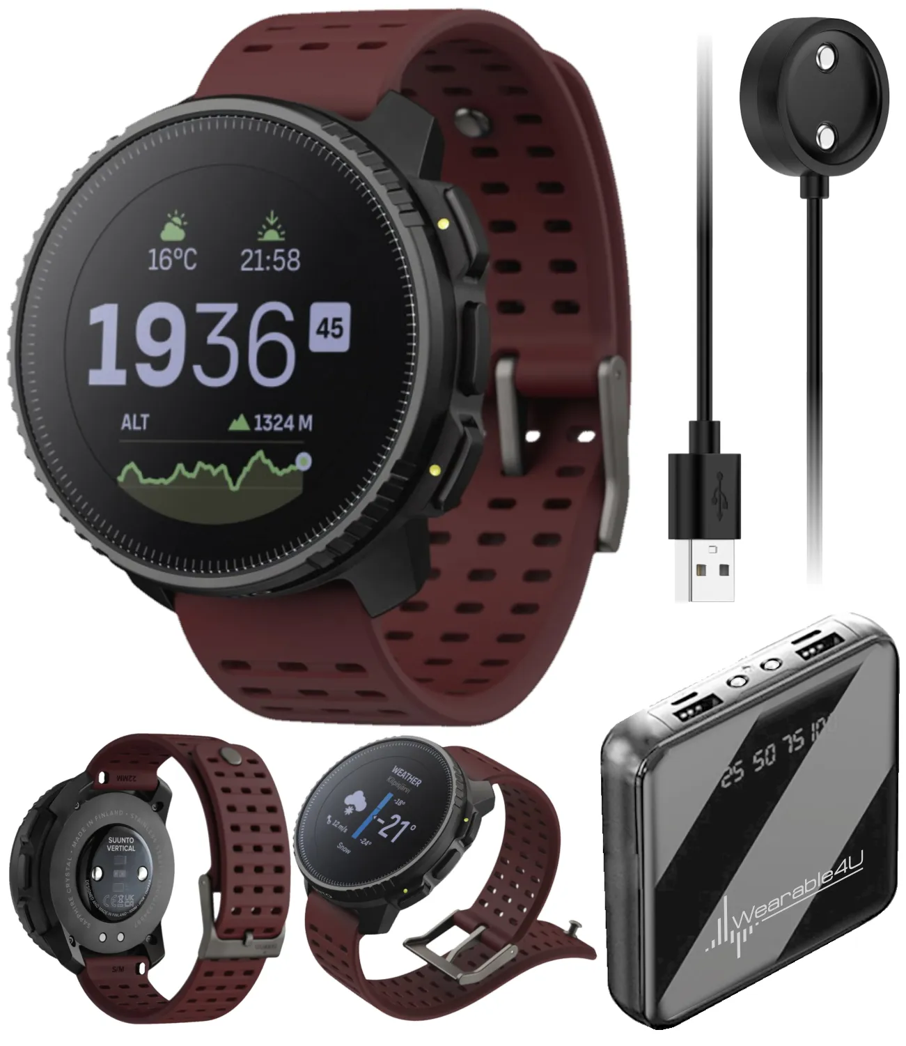 Suunto Vertical Adventure GPS Watch, All Black, Large Screen, Offline Maps with Wearable4U Power Bank SQ Bundle