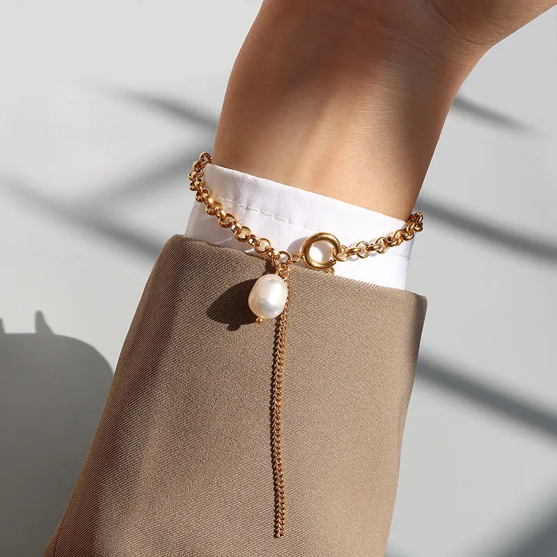 Tassel Pearl Charm Gold Chain Bracelet