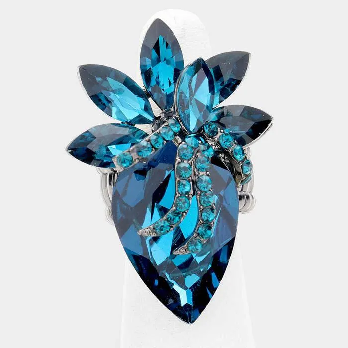 Teardrop Blue Zircon Crystal Accented Cluster Stretch Ring