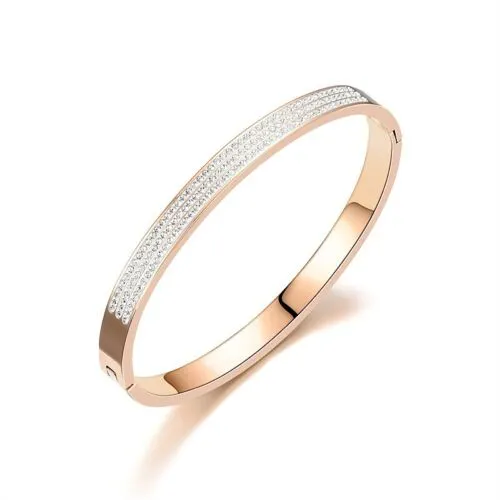 Three Row Zircon Paved Cubic Bangle Bracelet Stainless Steel, 17cm