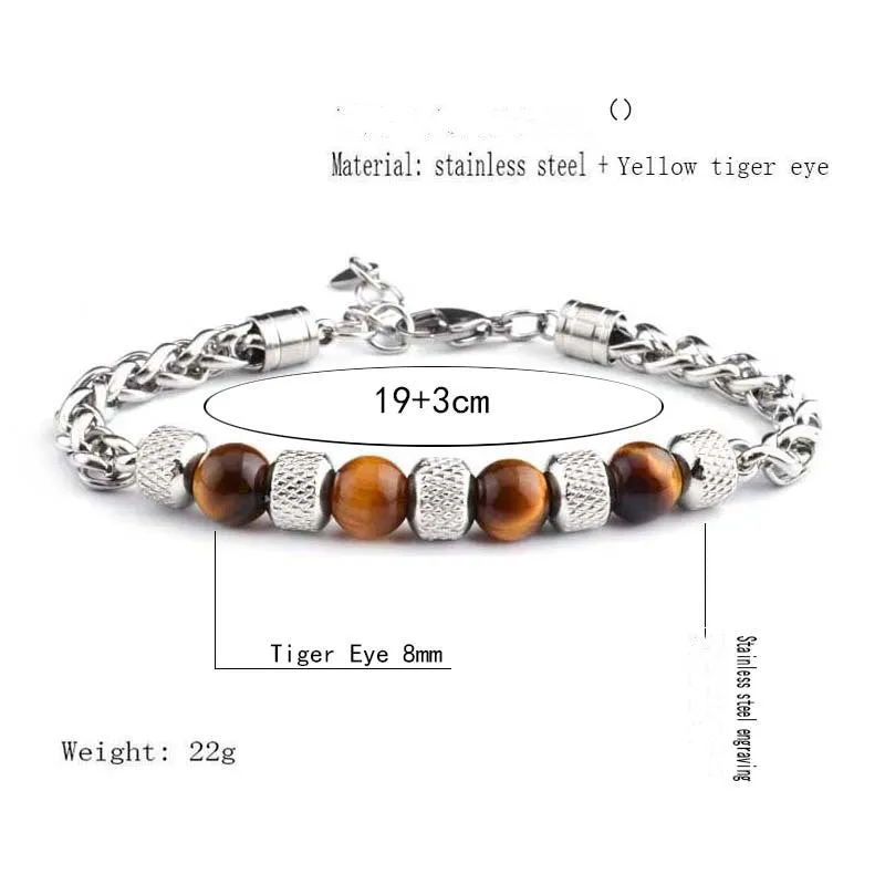 Tiger Eye Stone Men's Bracelet Titanium Steel Adjustable Beads