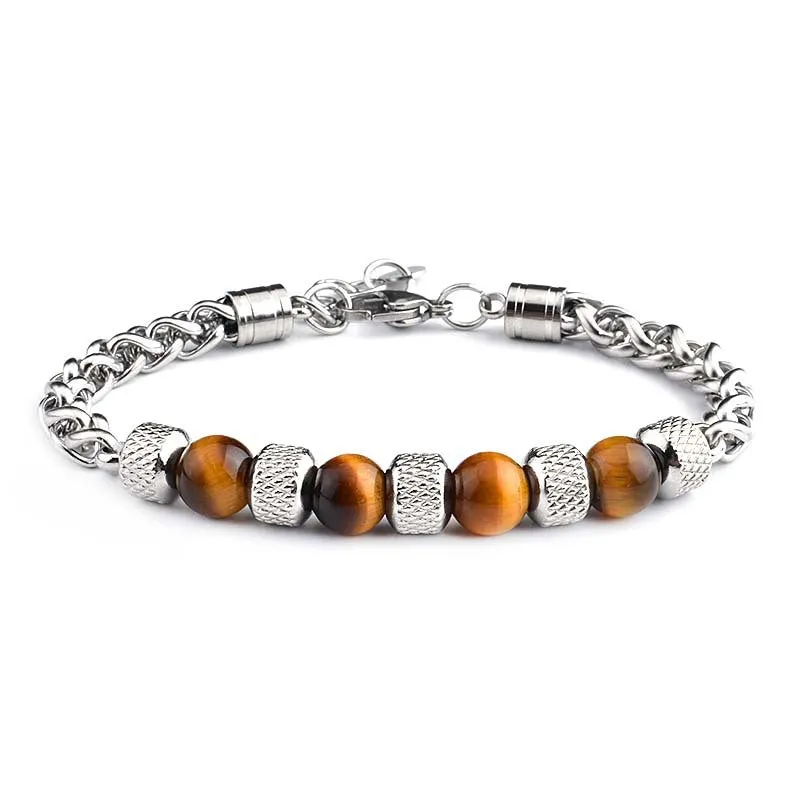 Tiger Eye Stone Men's Bracelet Titanium Steel Adjustable Beads