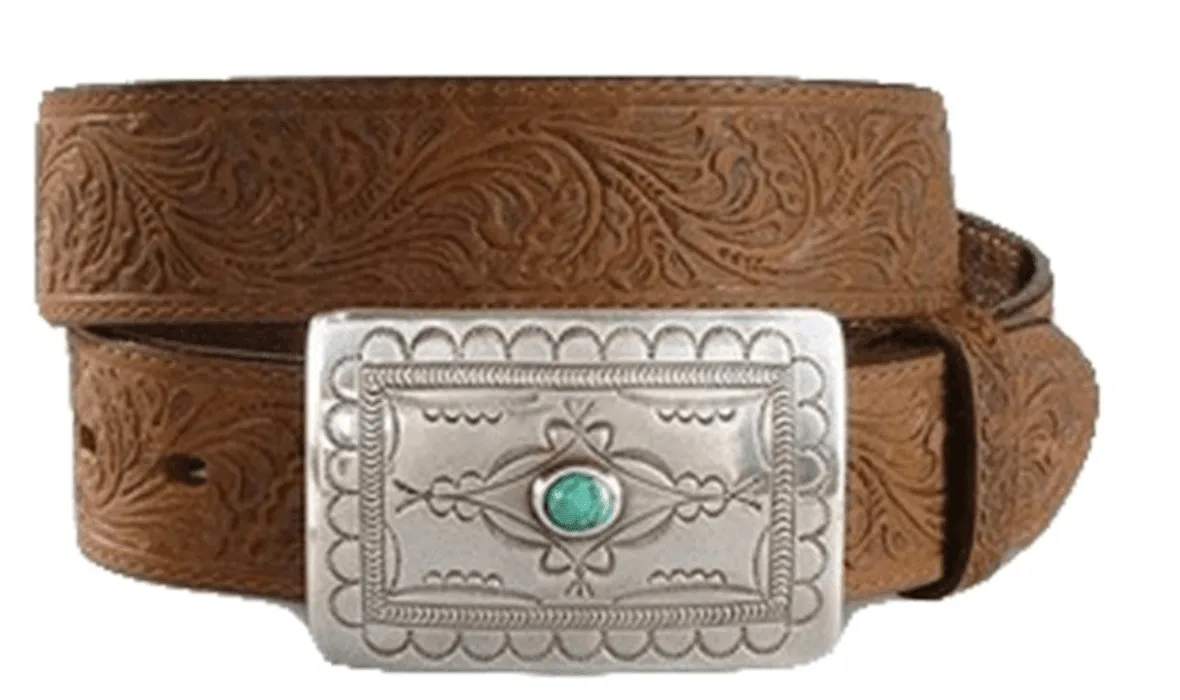 Tony Lama Women's Aged Bark Navajo Spirit Silver Buckle Leather Belt C50189