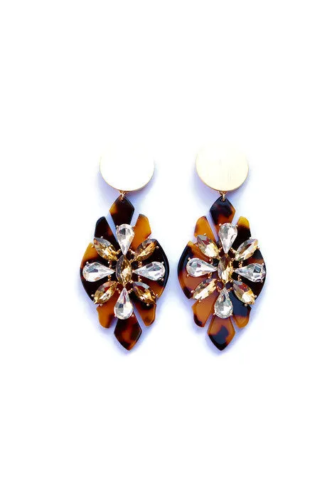 Tortoise Shell Gemstone Starburst Chandelier Post Earrings