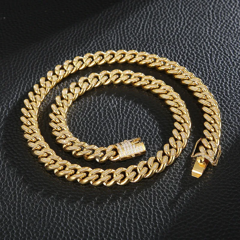 Trendy Hip-Hop Gold Chain Necklace and Bracelet Set with Zircon Accents for Men