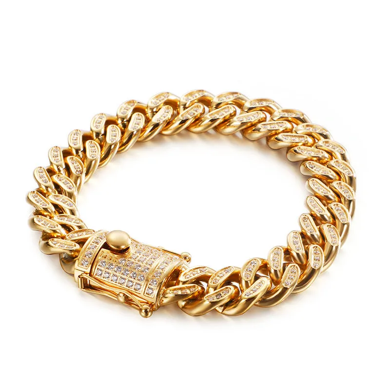 Trendy Hip-Hop Gold Chain Necklace and Bracelet Set with Zircon Accents for Men