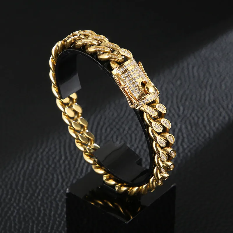 Trendy Hip-Hop Gold Chain Necklace and Bracelet Set with Zircon Accents for Men