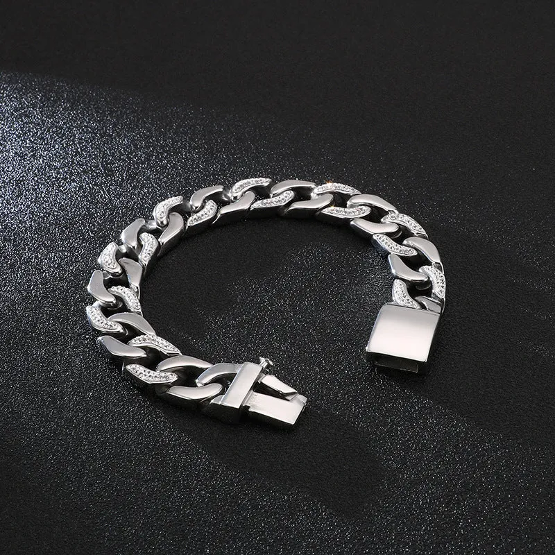 Trendy Hip-Hop Style Men's Titanium Steel Bracelet with Zircon Accents - Versatile European and American Design