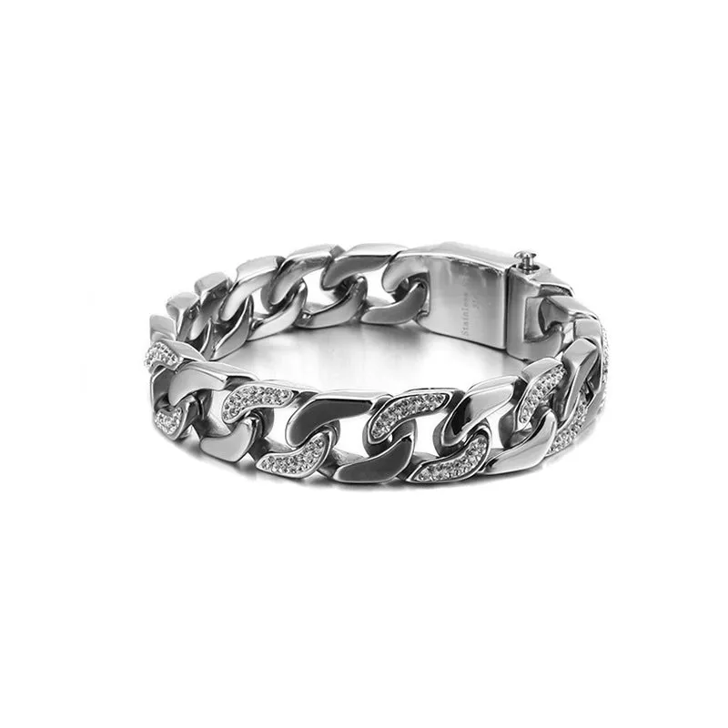 Trendy Hip-Hop Style Men's Titanium Steel Bracelet with Zircon Accents - Versatile European and American Design