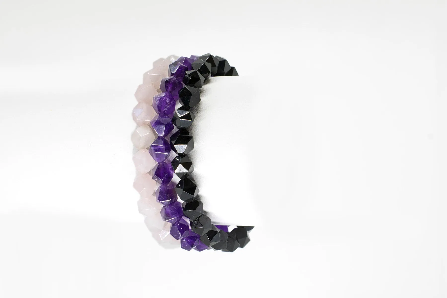 Triple Starcut Bracelet - Amethyst, Rose Quartz and Obsidian