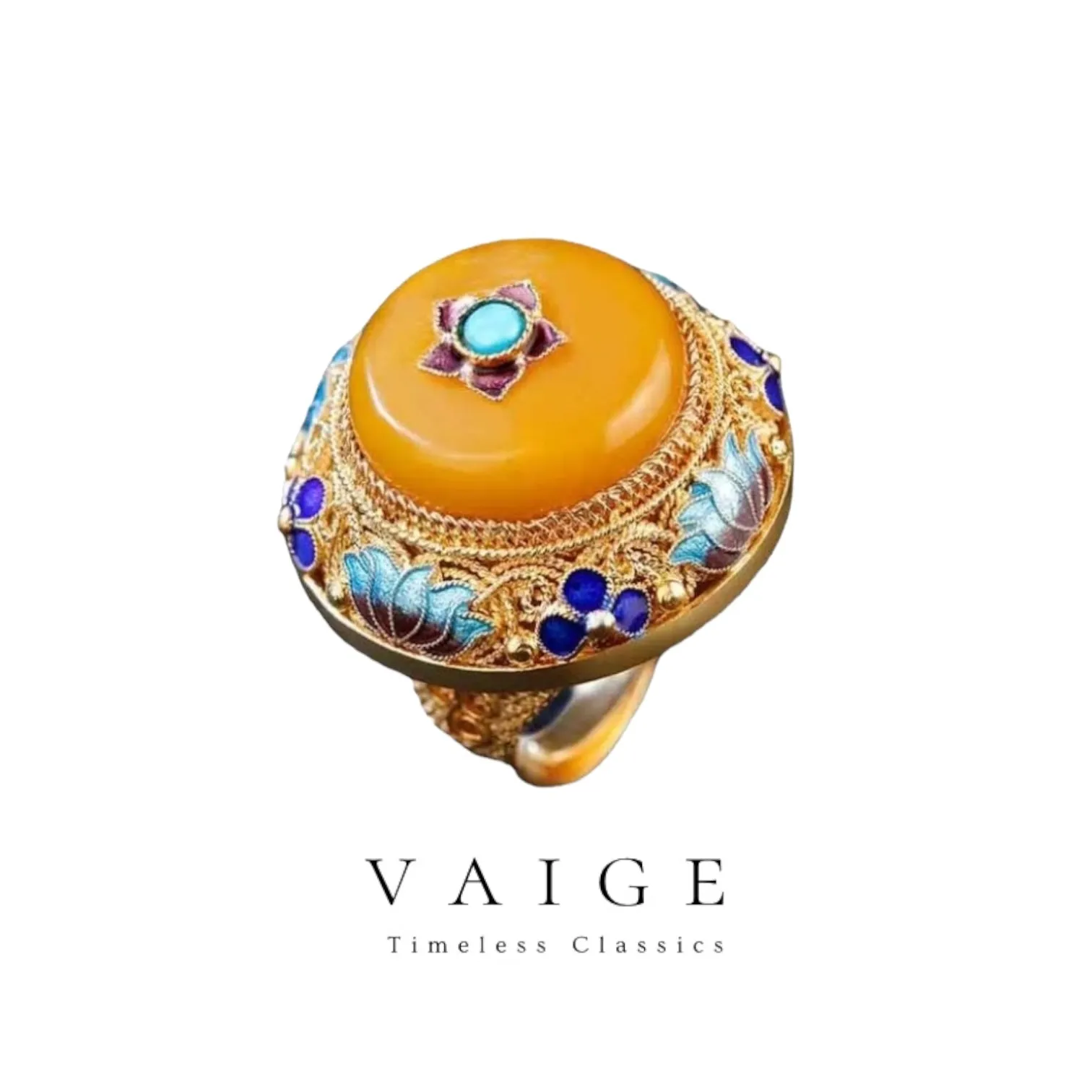 VAIGE Elegant Gold & Yellow Lotus Enamel Porcelain Cocktail Ring with Tourmaline