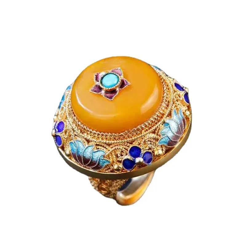 VAIGE Elegant Gold & Yellow Lotus Enamel Porcelain Cocktail Ring with Tourmaline