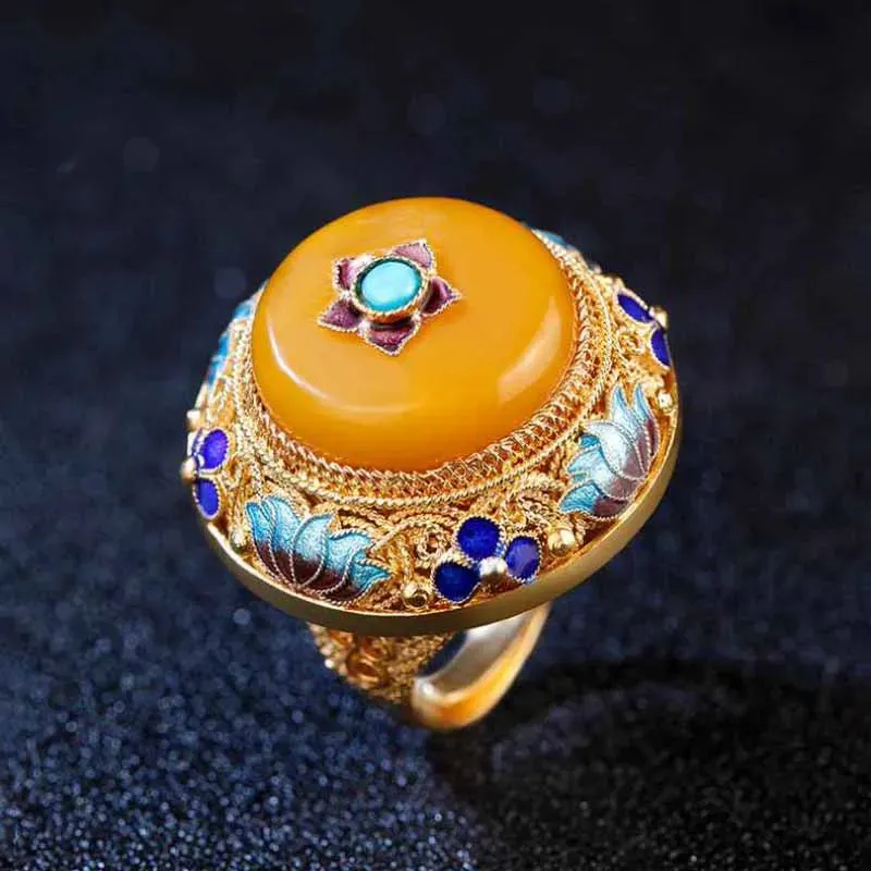 VAIGE Elegant Gold & Yellow Lotus Enamel Porcelain Cocktail Ring with Tourmaline